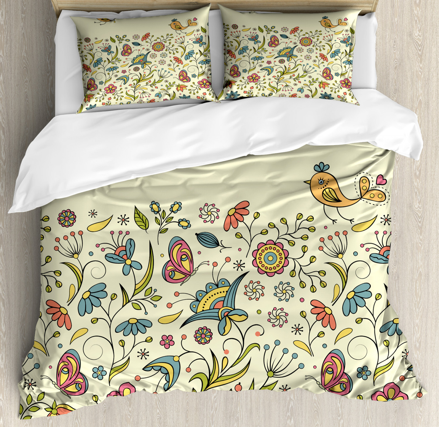 Flowers King Size Duvet Cover Set, Flourishing Spring Meadow Ornate