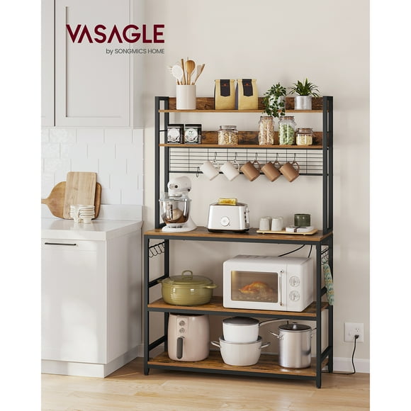 VASAGLE Bakers Rack with Power Outlet, Microwave Stand, Kitchen Tall Utility Storage Shelf, with Metal Wire Panel, 14 Hooks, 40 x 100 x 170 cm, Rustic Brown and Black