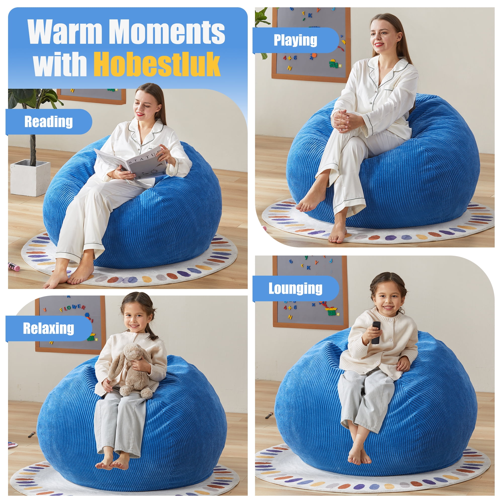 3.5FT Bean Bag Chair Adult Large Beanbag Chair with Filler Included Teardrop Bean Bag Chair with Removable Cover for Bedroom Living Room (Large, Blue)