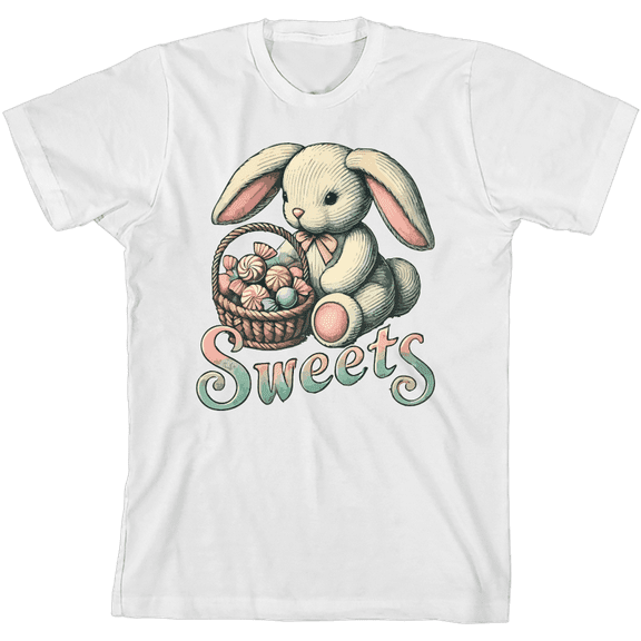 Sweets Bunny WIth Candy Basket   Boy's White Crew Neck Short Sleeve Tee-XS