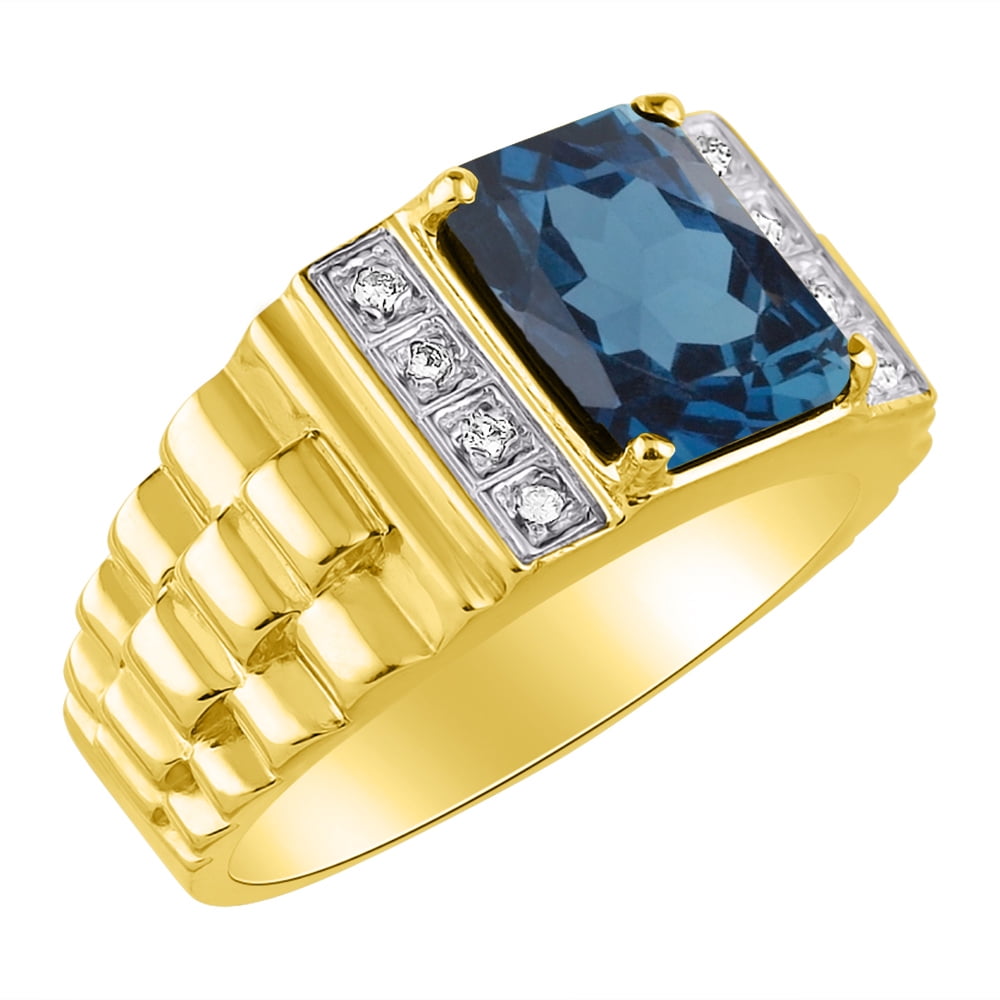 Rylos - Mens Diamond & Simulated Blue Topaz Ring 14K Yellow Gold or 14K