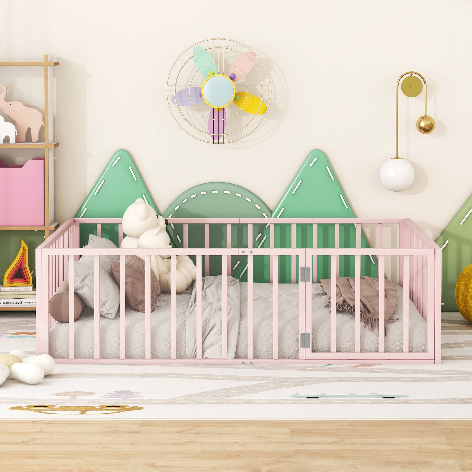 Harper & Bright Designs Full Floor Bed Frame for Kids, Metal Montessori Floor Bed with Rails and Door, Floor Full Size Bed Frame with Fence-Shaped Guardrails, Pink