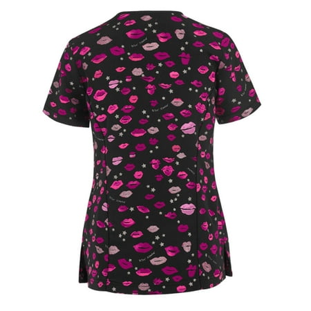 

JeashCHAT Women Scrub Top Printed Butterfly Working Uniforms Short Sleeve V-Neck Shirts Cartoon Print Plus Size Blouses
