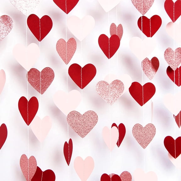 TETOU 4pcs 52Ft Valentines Day Decorations,Rose-Gold Pink Burgundy-Red Heart Paper Streamers Banner Valentines Garland for Bachelorette Engagement Wedding Fireplace Mantel Home Decoration