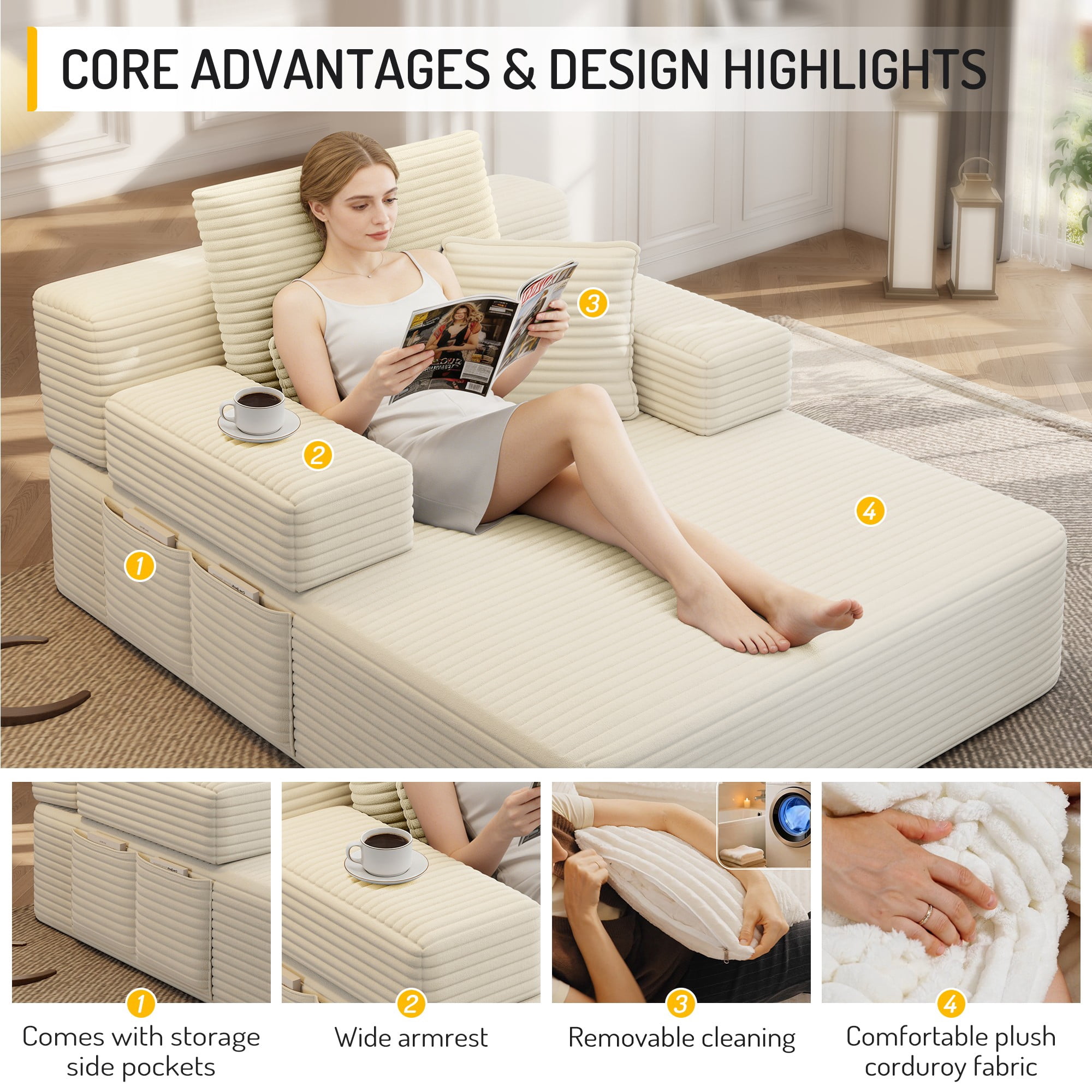 Aukfa Chaise Lounge Chair Indoor, Oversized Corduroy Boneless Sleeper Sofa Bed with Storage Pockets, Adjustable Backrest&3 Pillows, Reading Couch for Living Room Apartment, Beige