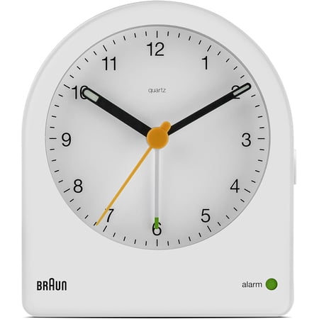 Braun Classic Analogue with Snooze and Continuous Backlight, Quiet Quartz Movement, Crescendo Beep Alarm in White, Model BC22W.