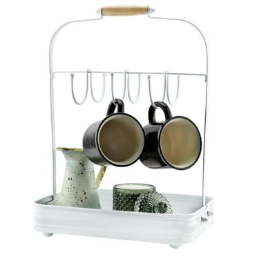 AuldHome Design Enamelware Coffee Mug Rack, Countertop Style White Rustic Distressed Cup Hanging Stand w/ Tray