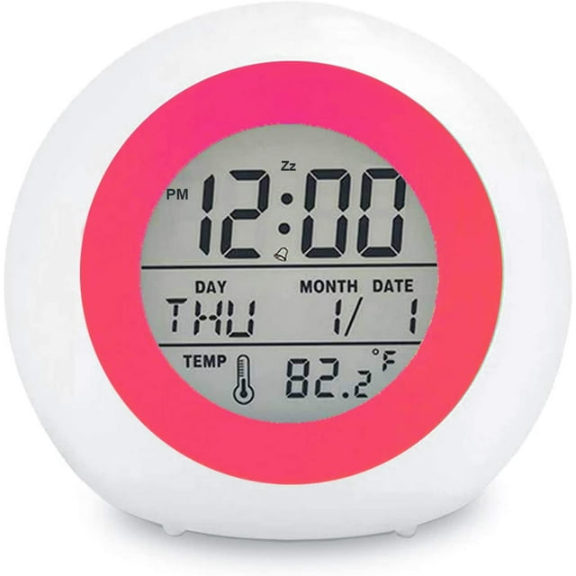 Kids Digital Alarm Clock, 7 Color Night Light, Snooze, Temperature Detect for Toddler, Children Boys and Girls, Students to Wake up at Bedroom, Bedside, Batteries Operated (Red)