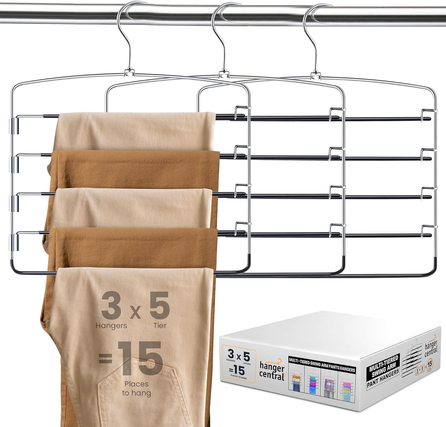 Hanger Central 3 Pack Silver Metal Swing Arm Pants Hangers 5 Tier