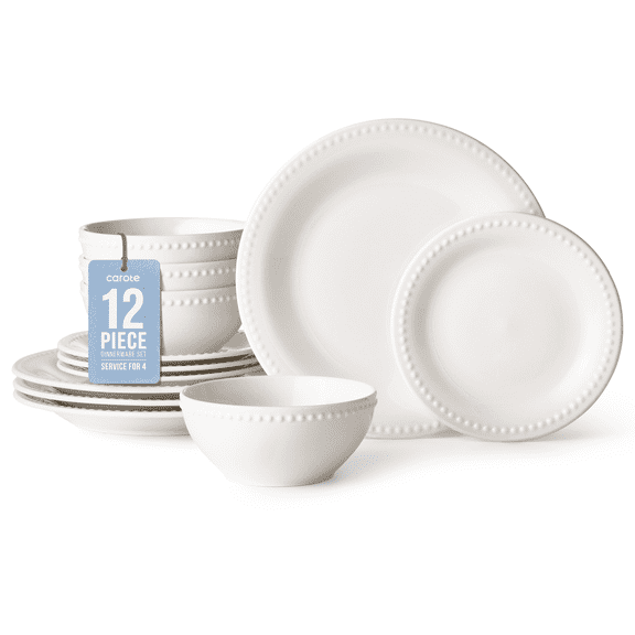 Carote 12-Piece Ceramic Dinnerware Set, Plates and Bowls Dish Sets Service for 4, Durable Kitchen Dining Dish Set, White