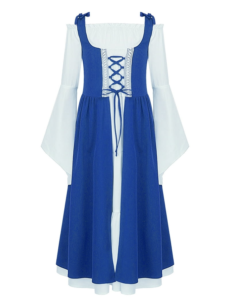 inhzoy Renaissance Dress for Girls Medieval Princess Costume Retro Lace-up  Maxi Dress Halloween Dress up Blue 16 - Walmart.com