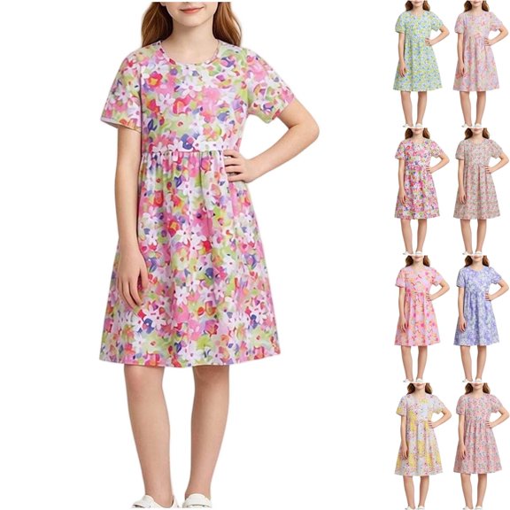 Teyfeniy Girls Floral Print Dresses Short Sleeve Crew Neck Midi Dress Flowy Pleated Lightweight Cotton Summer Going out Graphic Dress, for 5 to 15 Years