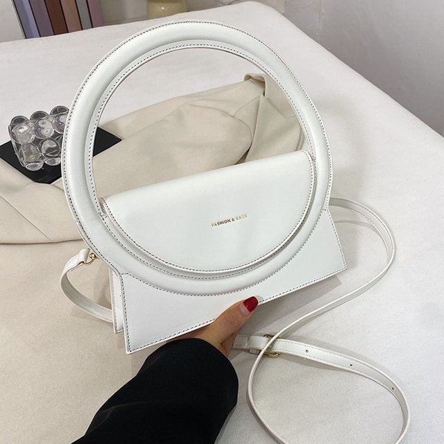 Bolso de mano con anillo redondo para mujer, Bolso de hombro con diseño de círculo grande, Bolso de hombro de cuero