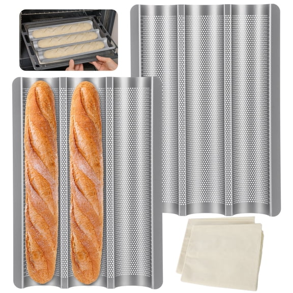 2 Pcs Baguette Bread Pan Set, Silver Perforated Design French Bread Baking Pan with 3-Wave Nonstick Groove and Beige Proofing Cloth, Baguette Baking Tools for Home Kitchen, Bakehouse