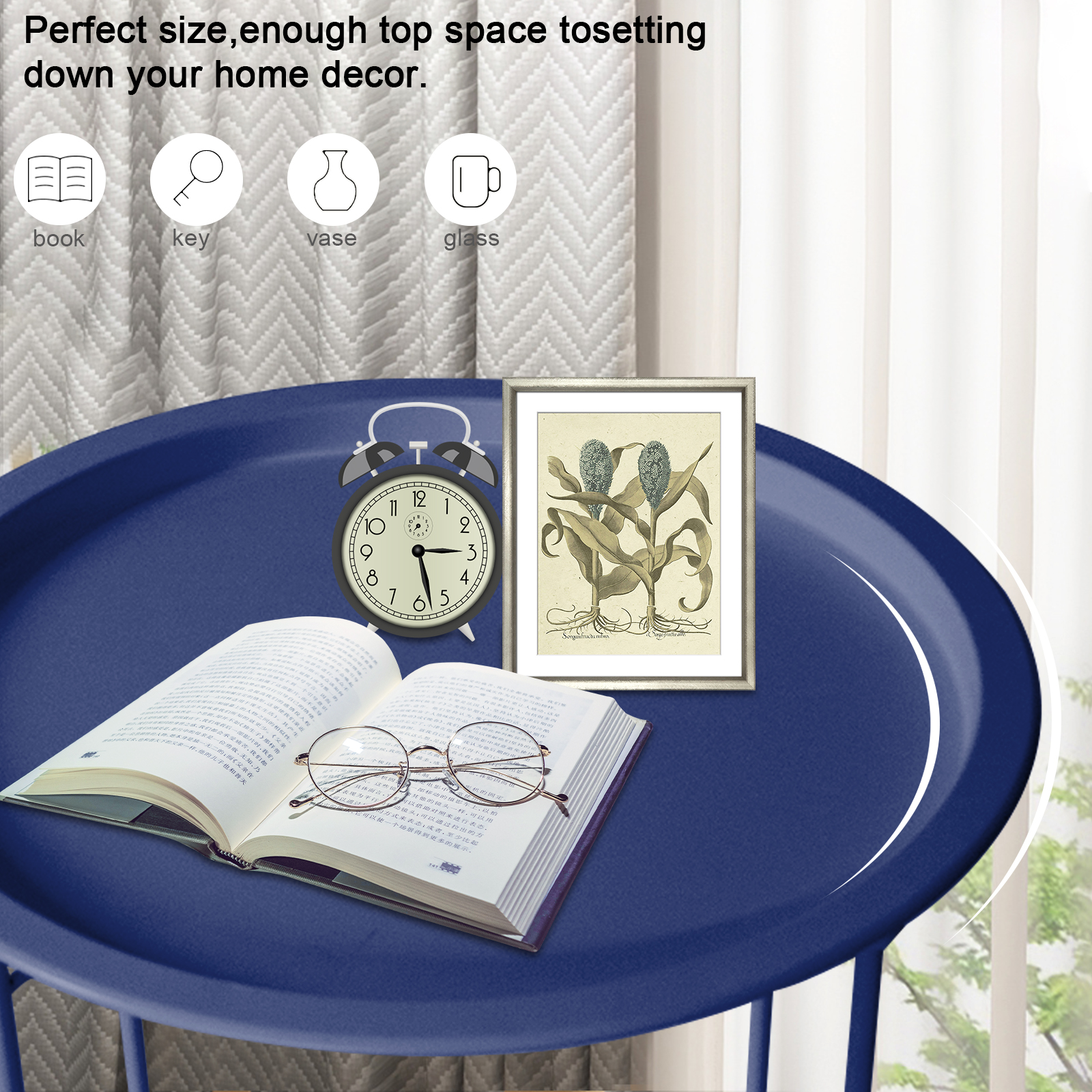 Folding Tray Metal Side Table Round End Table,Dark Blue Sofa Small Accent Fold-able Table, Round End Table Tray, Next to Sofa Table, Snack Table for Living Room and Bed Room - image 3 of 6