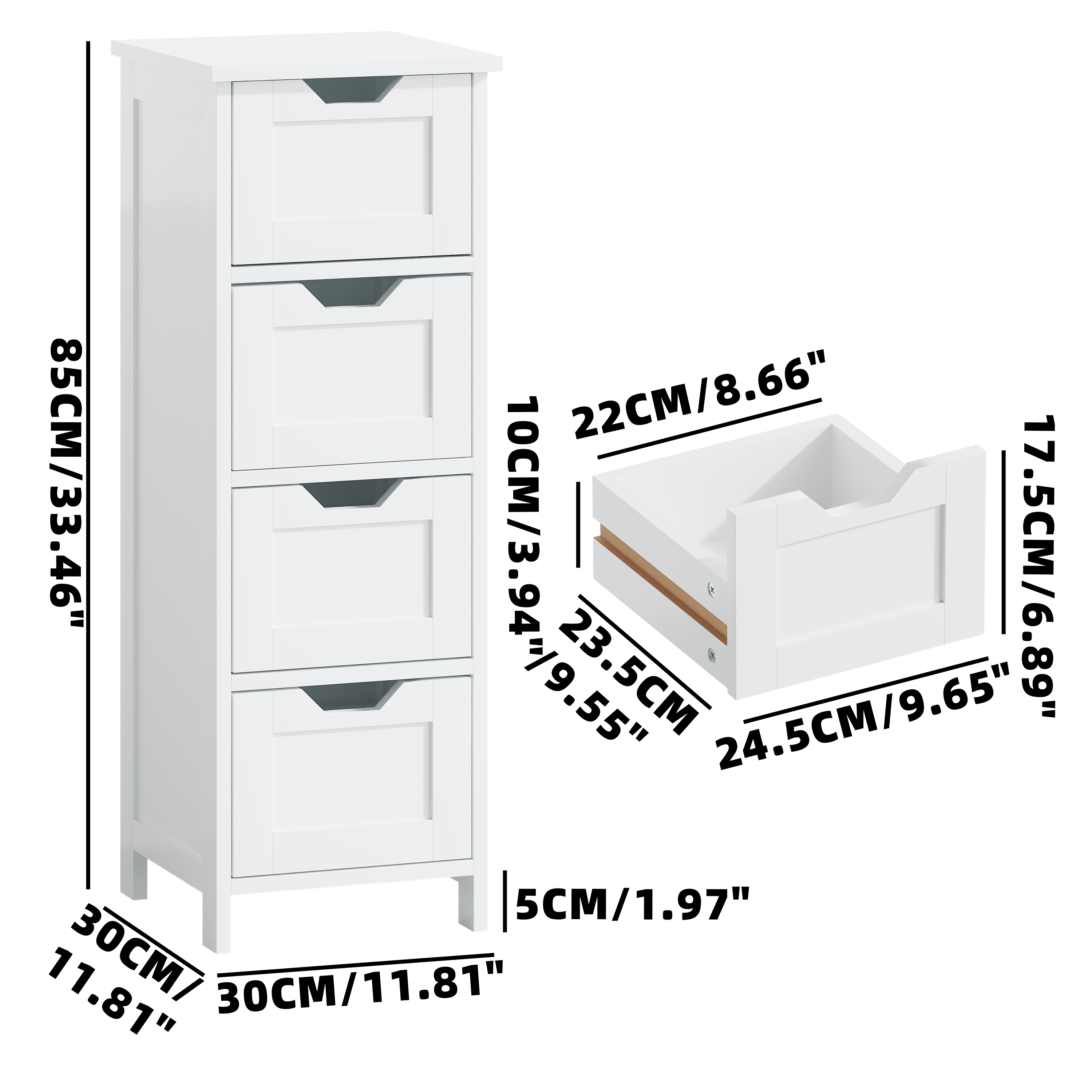 Bathroom Floor Cabinet with 4 Drawers, Freestanding Wooden Storage Organizer for Bathroom, Hallway or Living Room, Narrow White Side Cabinet with Space-Saving Vertical Design, White