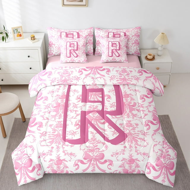 Erosebridal Monogrammed Bed in a Bag Queen Size,Bowknot Bow Flower Bed Set,Initial Letter R Bedding Queen Size,Lightweight Bedroom Decor Reversible,7 Pieces