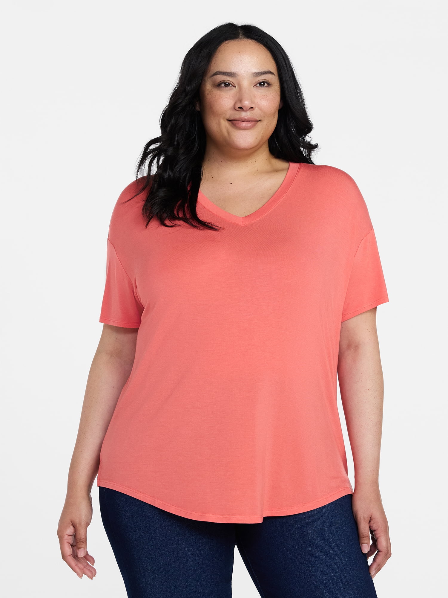 Time and Tru Women's V-Neck Tunic Tee with Short Sleeves, Sizes XS-XXXL