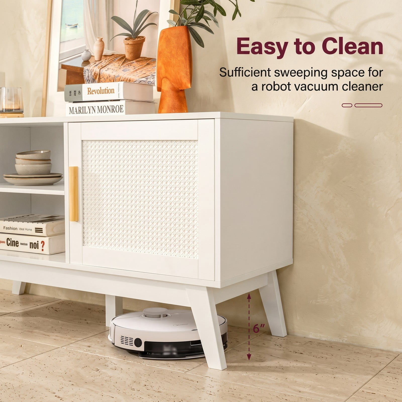 Furnibear TV Stand Entertainment Center Media Console with 2 Rattan Door Cabinets and Open Shelves for TVs up to 65 Inch, Living Room Bedroom Storage Console, White