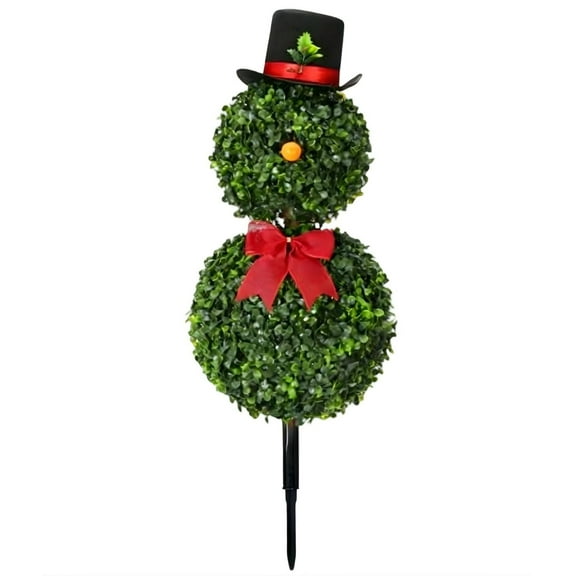 Christmas Snowman Topiary, 33"Artificial Snowman Shaped Topiary with Red Bow Santa Hat Boxwood Topiaries, Christmas Indoor Outdoor Home Porch Decor Fireplace & Porch Holiday Decorations (1PC)
