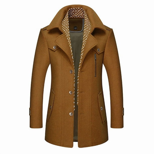 Abrigo de mezcla de lana para hombre con bufanda desmontable o cuello interior, abrigo de botonadura sencilla, gabardina cálida de invierno