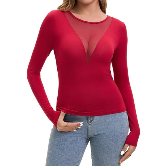 Syhzlz Women Long Sleeve Tops, Sexy See Through Slim Fitted T-shirt, Deep V Stretchy Crew Neck Tee