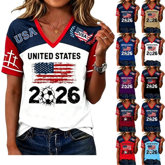 Fgvctg 2026 US Women Soccer Fan Shirt American Flag Patriotic Color Block V Neck Short Sleeve Football Tee for Soccer Cup White L