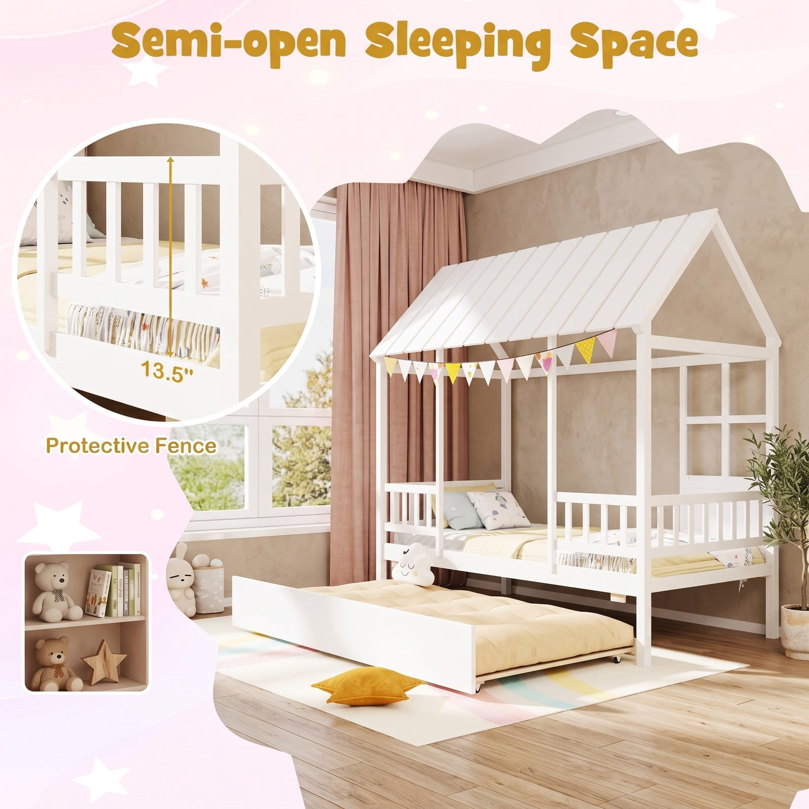 Furnibear Twin Size House Bed Frame with Trundle and Roof and Guardrail for Kids Bedroom, Space-Saving Platform Bed, White