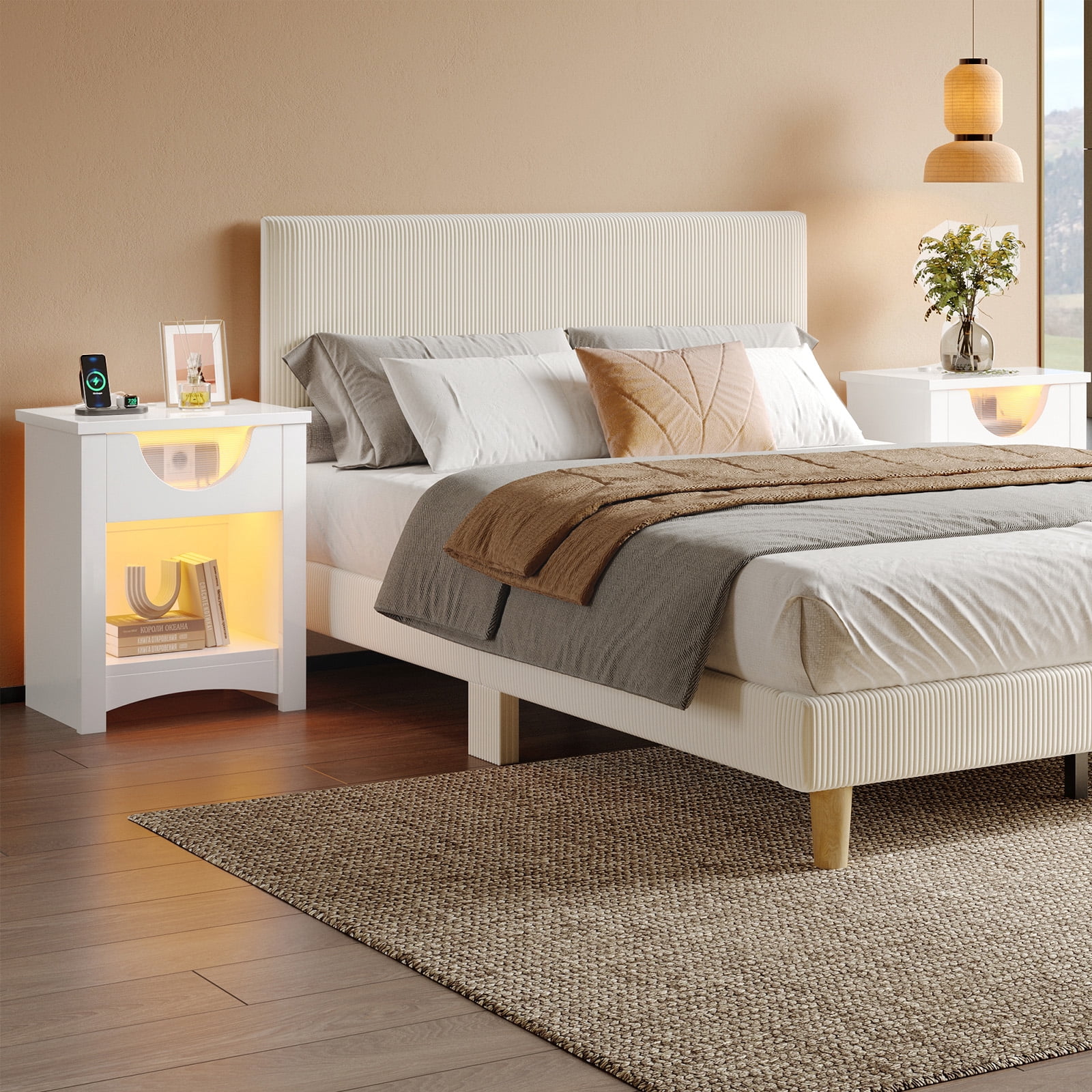 Bestier Modern White Nightstand with Charging Station, LED Light, Drawer – Bedroom & Living Room End Table