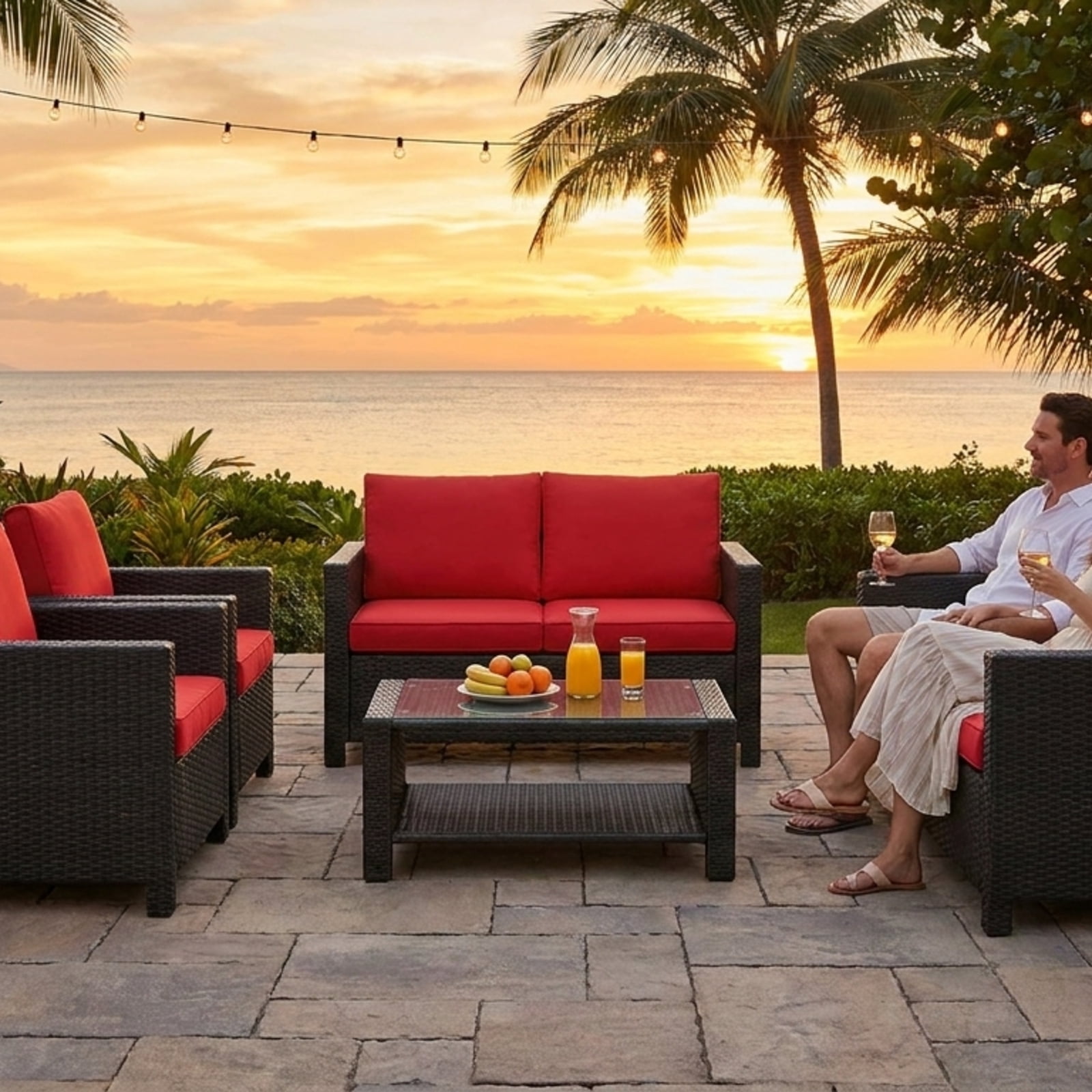 Furnibear 5 Piece Cushioned Patio Rattan Furniture Set with Glass Table, Outdoor Wicker Conversation Set with 4 Chairs for Garden Backyard, Red
