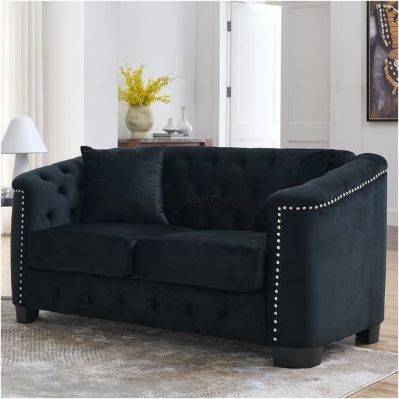 JERFIT Modern Chesterfield Sofa 59" Velvet Loveseat with Tufted Back and Nailhead Trim for Living Room, Black