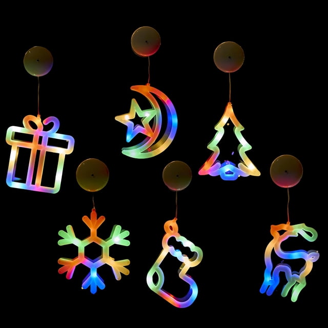 6 pcs LED Christmas Window Lights Silhouette Decoration Lighted Bell-Tree-Reindeer-Snowflake-Star Battery Operated with Suction Cup