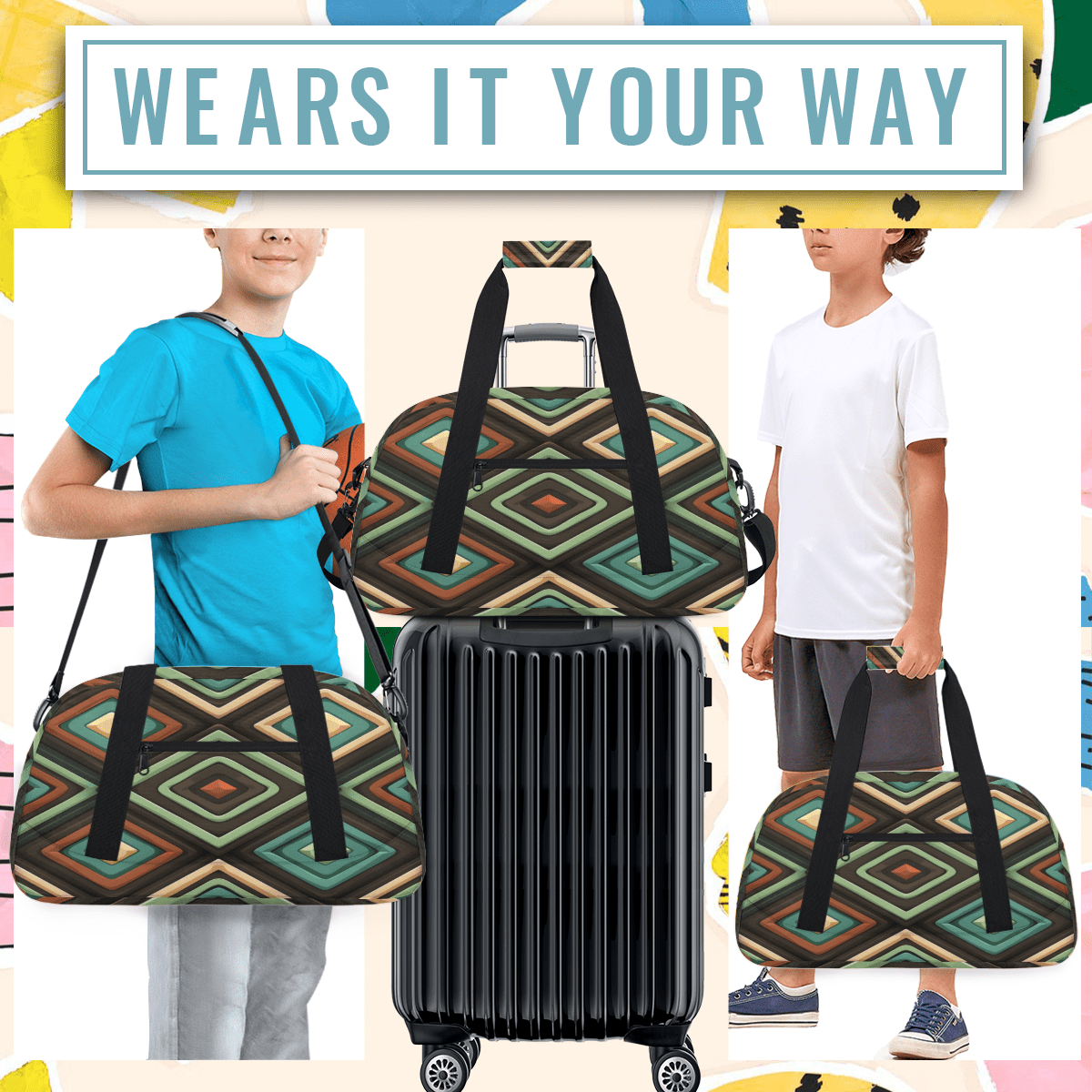 Herdesigns Geometric Shapes Sports Duffle Bag for Women & Men, Mid Century Modern Gym Bag Dance Bag Overnight Bag Carry On Weekender Travel Bag
