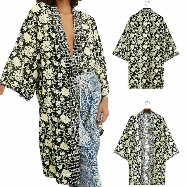 LOVZFMLL Cardigan pour Femmes Kimono Fluide Cardigan Robe Ouverte Blouse en Mousseline Imprimée Hauts Amples