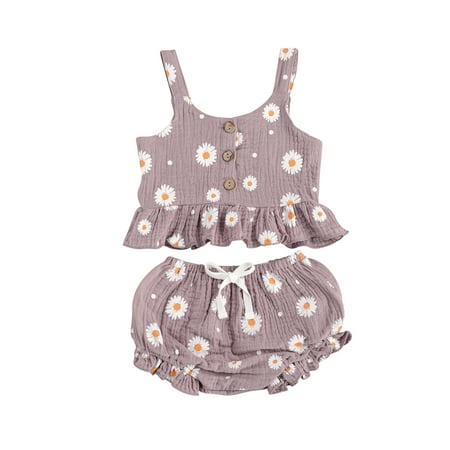 

Gureui Girl’s Daisy Flower Printed 2Pcs Clothes Sleeveless Ruffled Hem Tank Tops with Triangle Shorts for Summer Wear