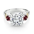 thumbnail image 2 of Gem Stone King 925 Silver and 10K Yellow Gold White Moissanite and Red Rhodolite Garnet 3 Stone Ring for Women (5.74 Cttw, Gemstone Birthstone, Cushion 10MM, Round 4MM, Size 9), 2 of 3
