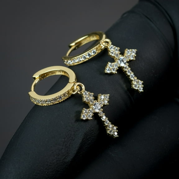 Mens Gold Plated Sterling Silver Hanging Dangle Cross Huggie Hoop Earrings