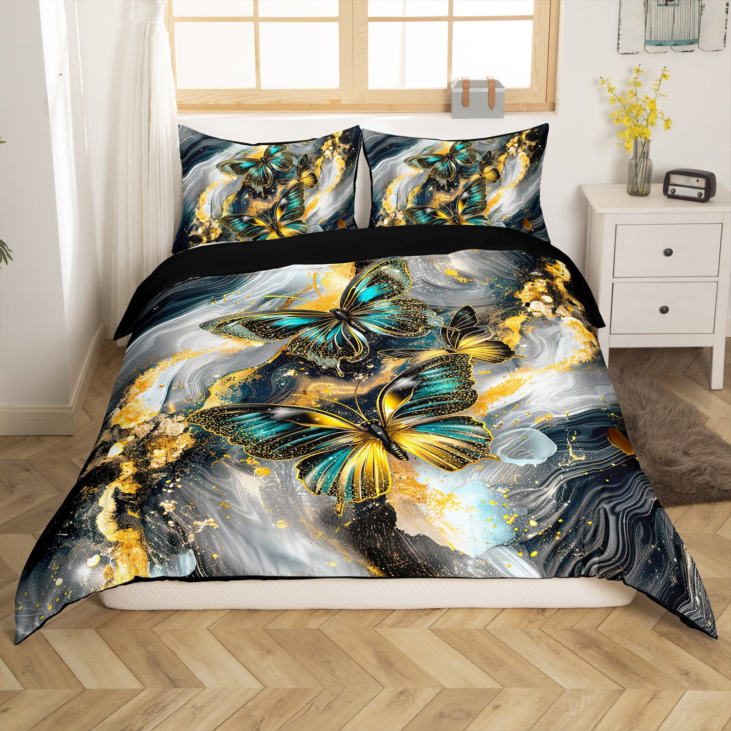 Black Marble Duvet Cover Set Teal Butterfly Queen Bedding Sets,Rustic Animal Dreamy Butterflies Room(No Comforter)
