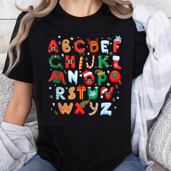 100% Cotton Christmas Alphabet Shirt Holiday Fun Letters Design Festive Xmas T-Shirt for Women Men Kids Gift Wear
