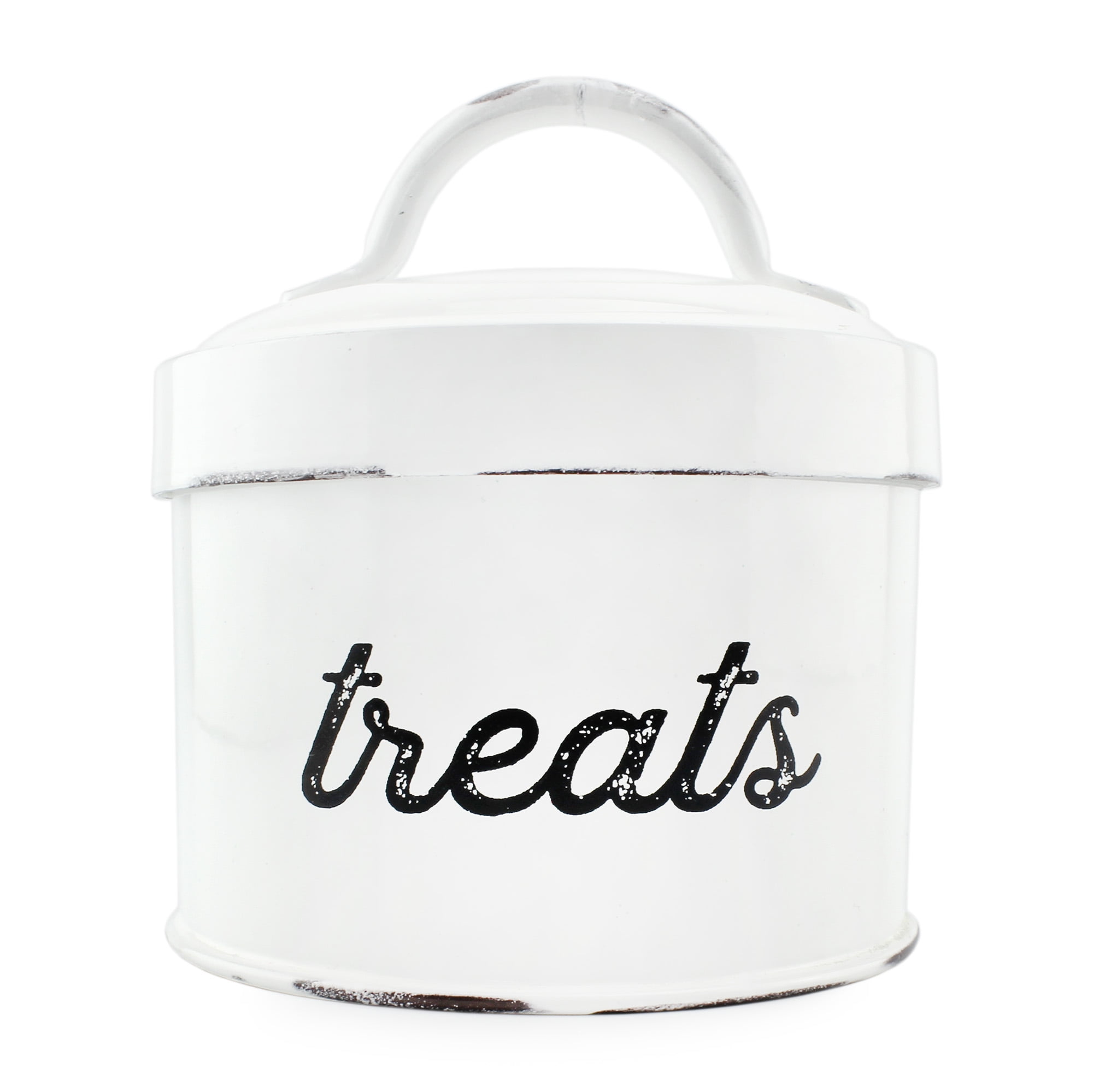AuldHome Enamelware Cat Treat Container, Small White Rustic Pet Treats