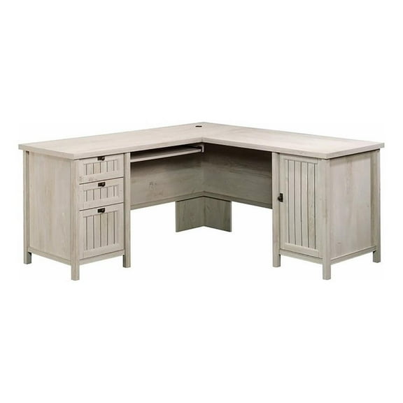 Pemberly Row Coastal Wood L Shaped Computer Desk in Chalked Chestnut