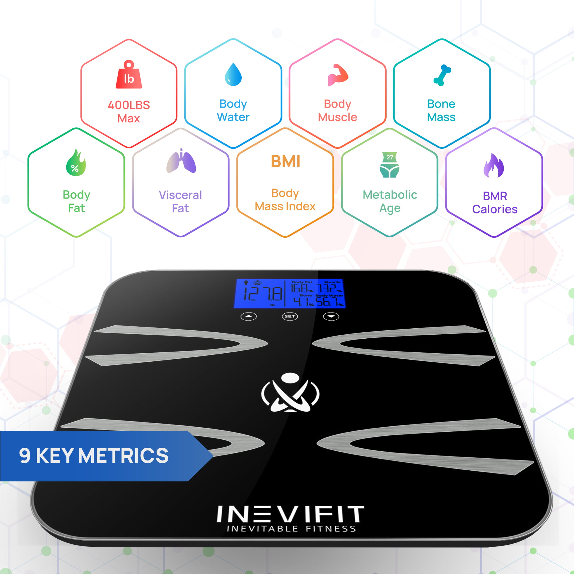 INEVIFIT Smart Body Fat Scale, Highly Accurate Bluetooth Digital Bathroom  Body Composition Analyzer, Measures Weight, Body Fat, Water, Muscle, BMI,  Visceral Fat & Bone Mass for Unlimited Users Black