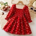 thumbnail image 2 of Baby Girl Dress Fall Kids Toddler Girls Square Neck Floral Long Sleeve Puff Sleeves Elegant Party Dress Soft Breathable Dress for Girls Red 1 Years-2 Years, 2 of 7