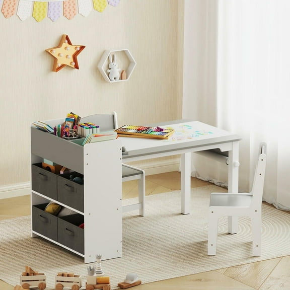 Resenkos Kids Desk & Chair Set - With Paper Roll, Activity Craft Table with Storage Shelves & Drawers, Gray