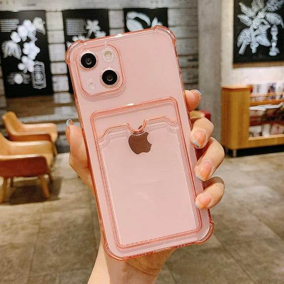 Mantto Clear Case for iPhone 14 6.1 Inch, Slim Fit Transparent Case with Card Slot Lens Protection Wallet Cover, Soft Silicone Rubber Lightweight Shockproof Drop Resistant Case for iPhone 14,Pink