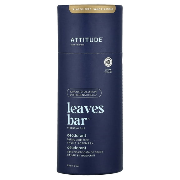 Attitude Plastic-Free Leaves Bar Deodorant, Sage & Rosemary, 3 Oz