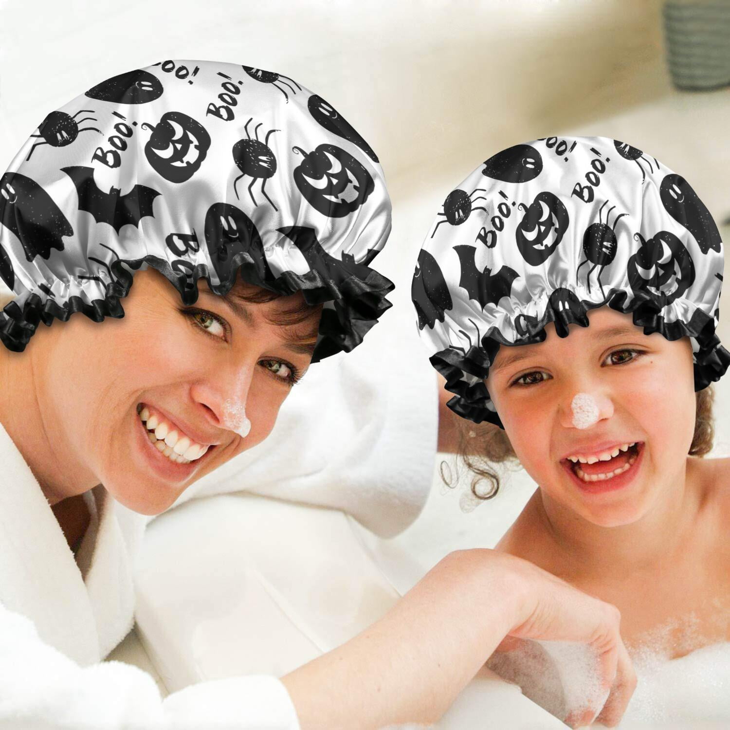 Shower Caps,Halloween Black Ghosts Bats and Pumpkins Waterproof Shower Cap for Women 4 Pieces,Double Reusable Hair Cover for Shower PEVA Elastic Stretch Hem