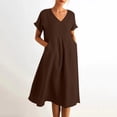 thumbnail image 4 of purcolt Womens Cotton Linen Midi Dress Casual Loose Fit Short Sleeve V Neck Flowy Sundress Summer Beach Dress with Pockets, 4 of 9