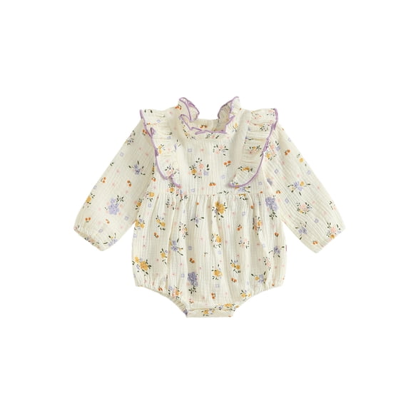 Miaouyo Infant Baby Girl Fall Bubble Romper 3 6 9 12 18 Months Floral Print Long Sleeve Frill Mock Neck Ruffled Jumpsuit
