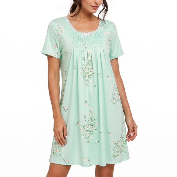 Dakimoe Nightgowns for Women-Night Dress with Lace Trim Pleated Sleepshirt Casual Print Sleepshirt
